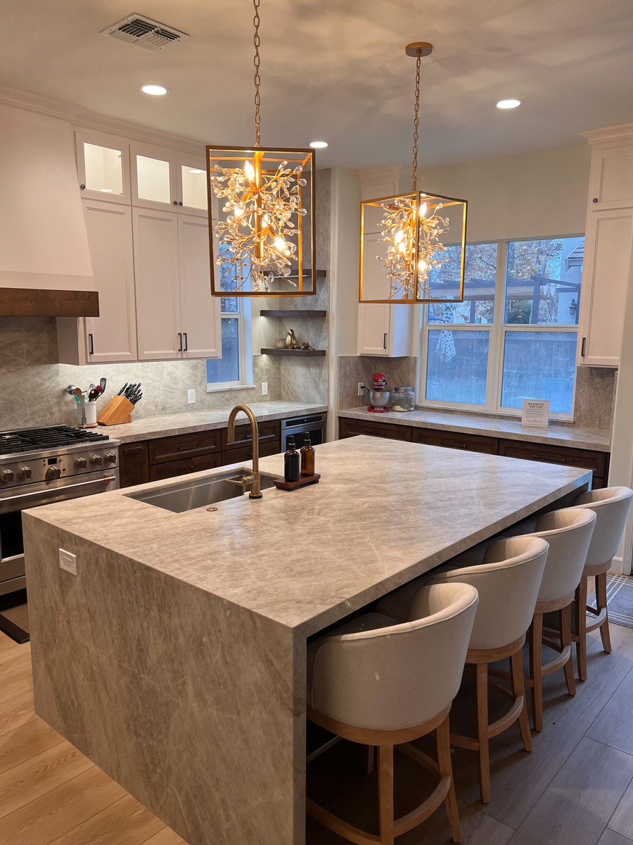 Kitchen remodel with waterfall countertop in Gilroy by D One Builders