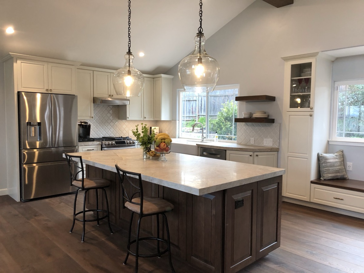 Kitchen remodel with waterfall countertop in Gilroy by D One Builders